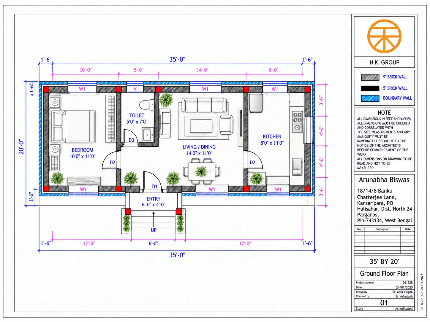 Compact 35 by 20 foot plan with bedroom, living and dining area, kitchen and entry porch