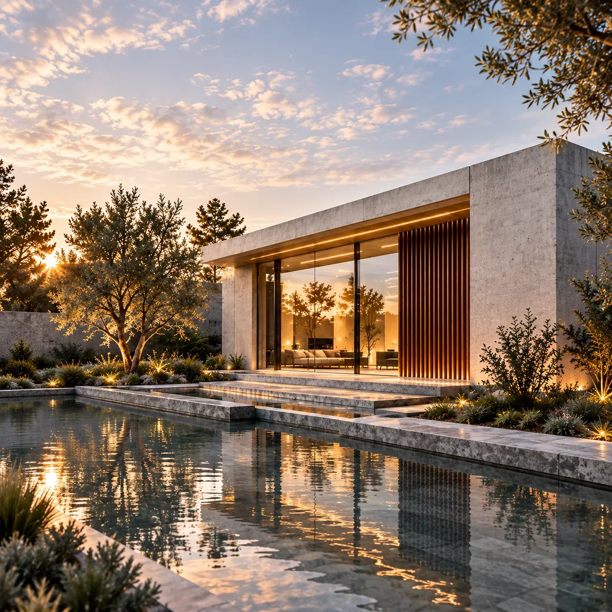 Contemporary concrete and timber home with warm lighting beside a reflecting pool at sunset