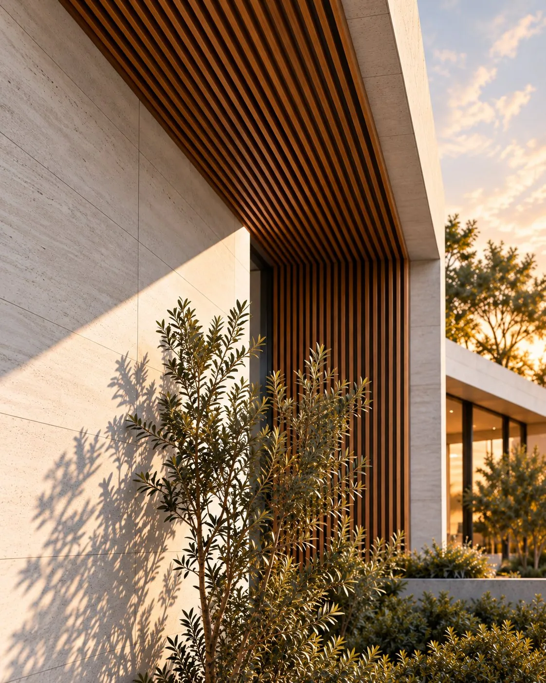 Natural stone, timber slats and greenery
