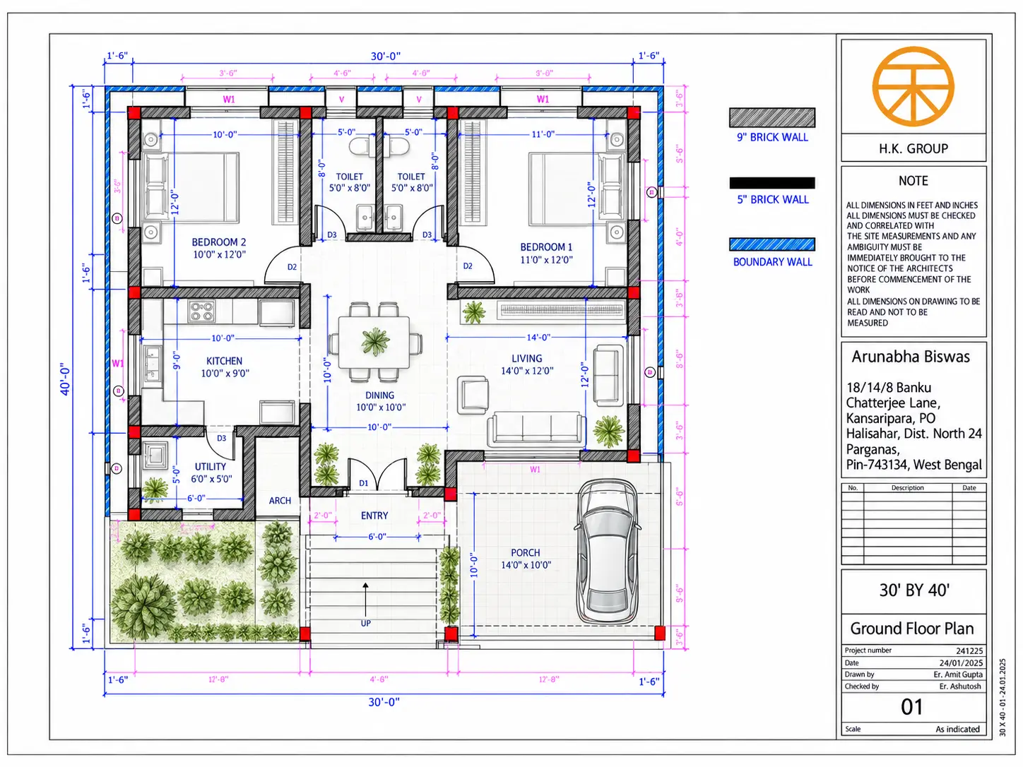 30 by 40 foot family house plan with two bedrooms, kitchen, dining, living room and porch