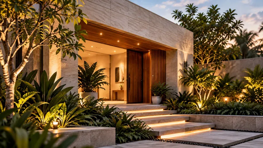 Landscaped entrance to a contemporary home