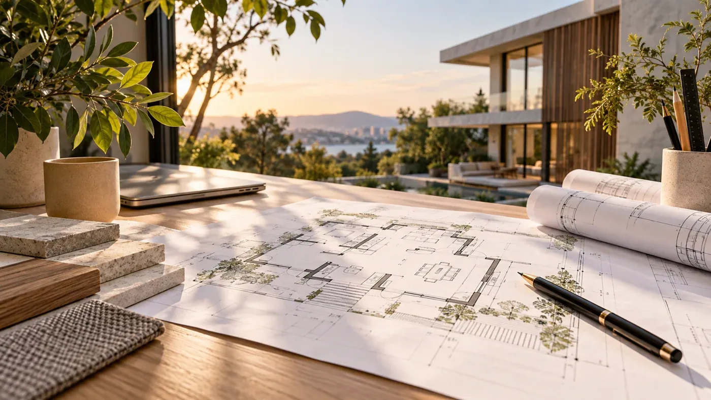 House floor plans, pencils and material samples on a sunlit architectural workspace