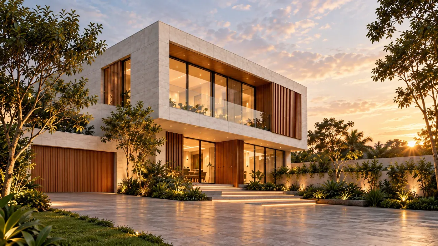 Modern two-storey home with warm lighting and landscaped gardens at sunset