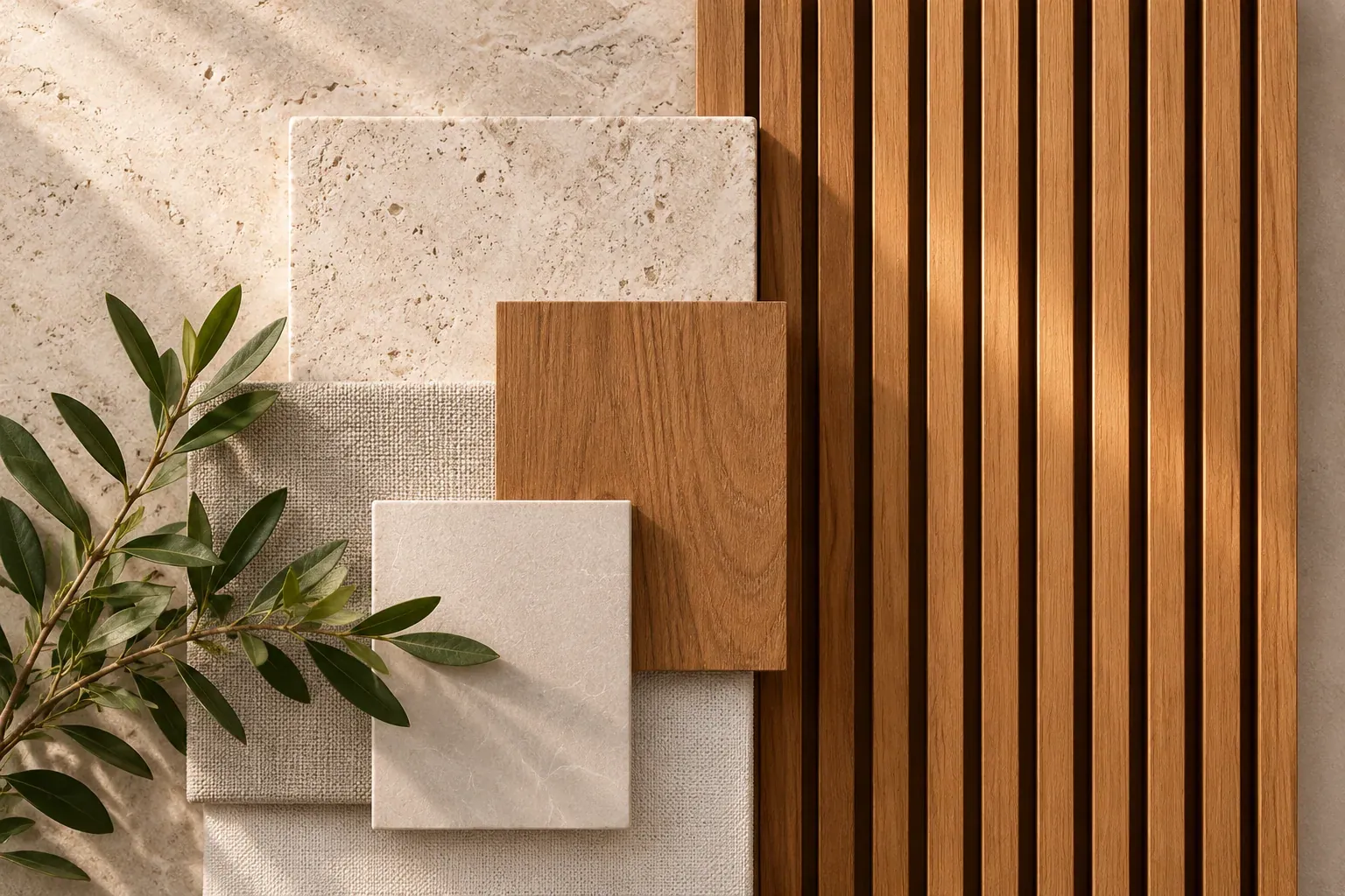 Natural stone, timber and foliage material palette