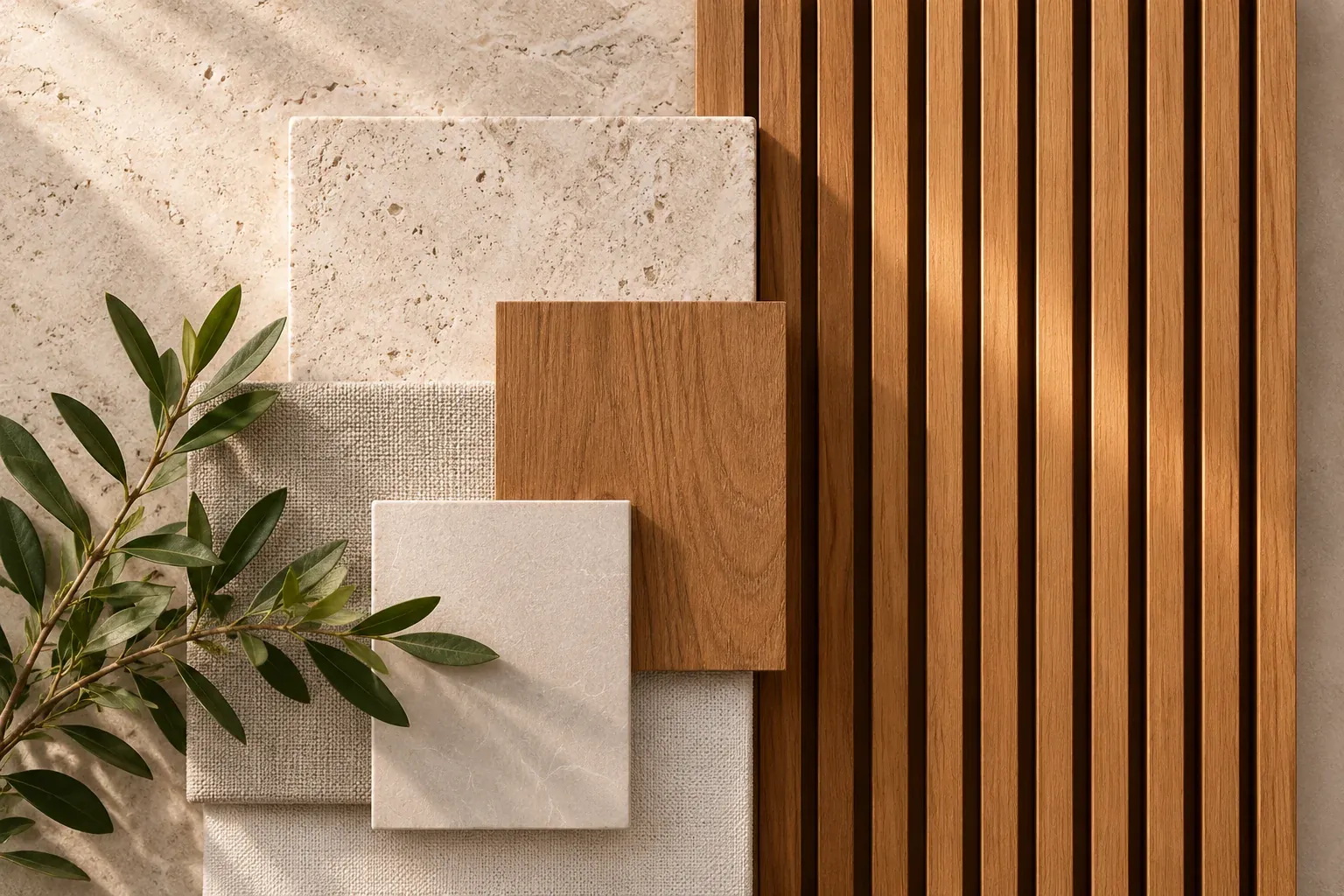 Natural stone, timber and foliage material palette