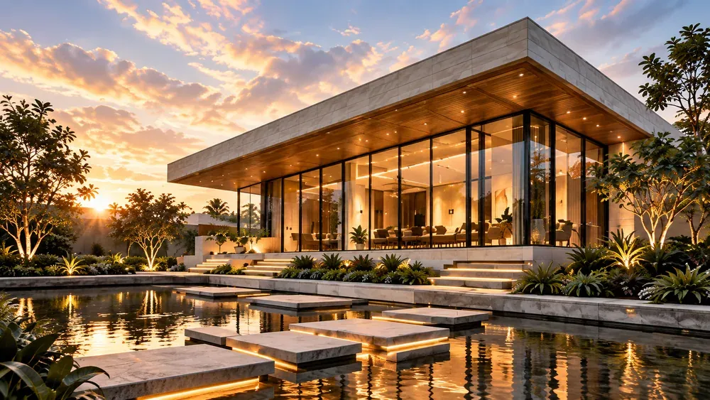 Modern glass residence with a broad cantilevered roof overlooking a reflecting pool