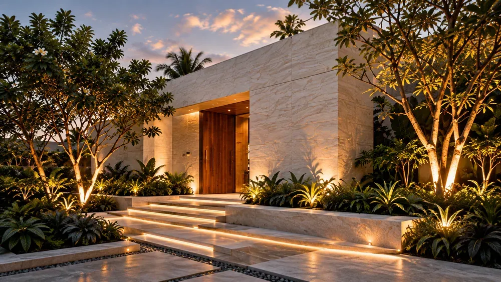 Stone-clad home surrounded by trees and softly illuminated native landscaping