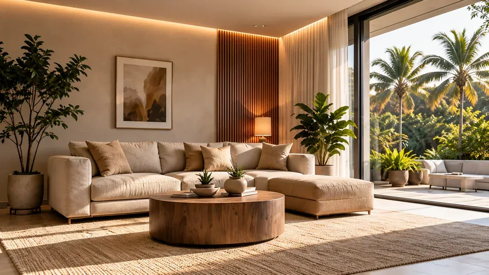 Warm contemporary living room opening onto a palm-lined garden