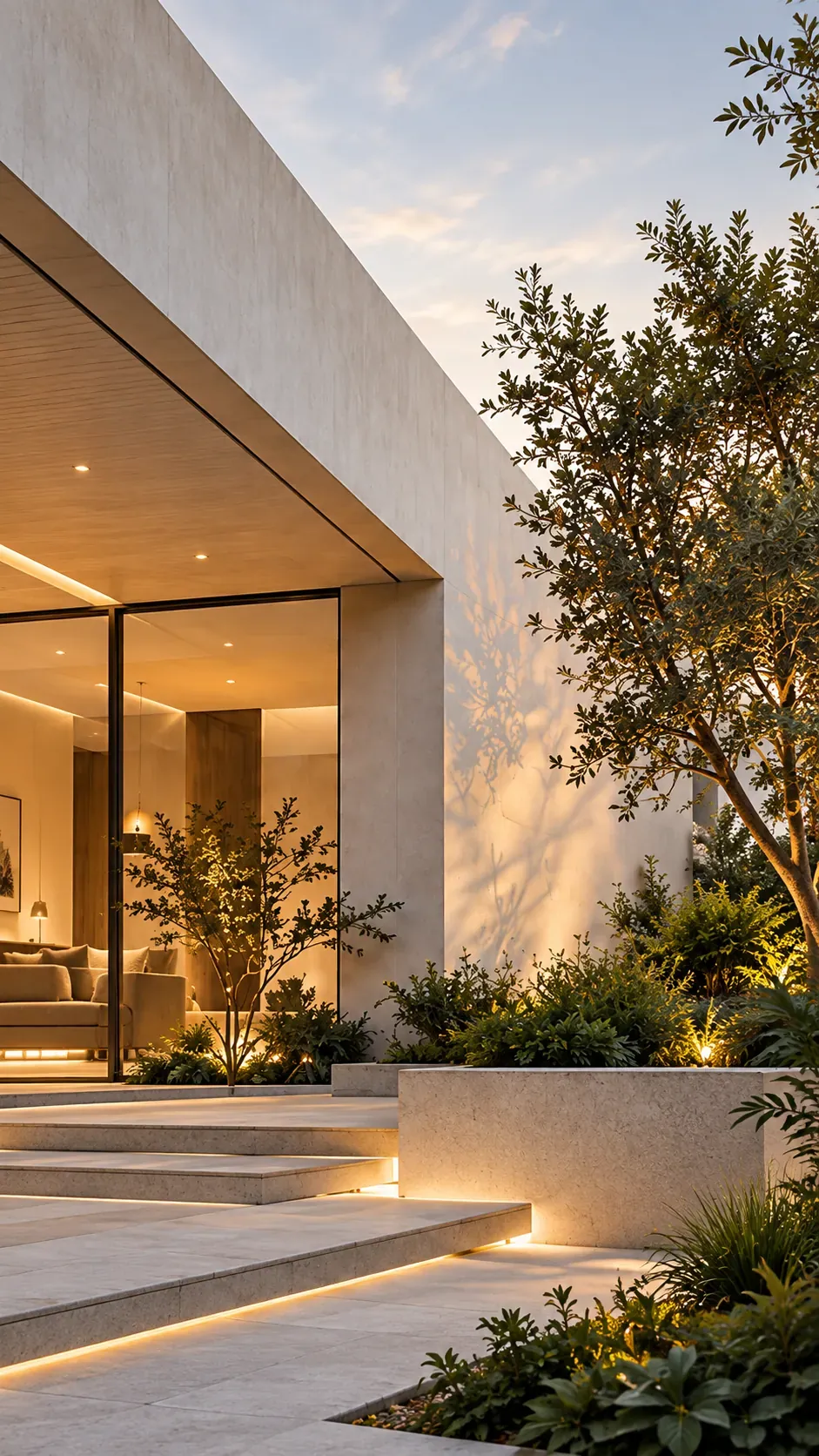 Modern residence with warm lighting and landscaped steps