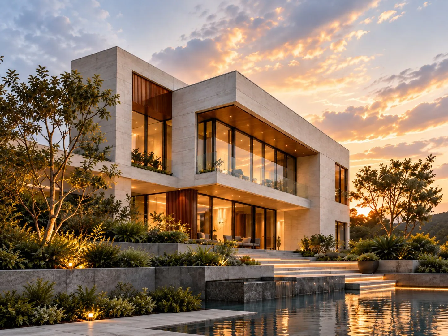 Modern glazed home with warm lighting and a landscaped reflecting pool at sunset