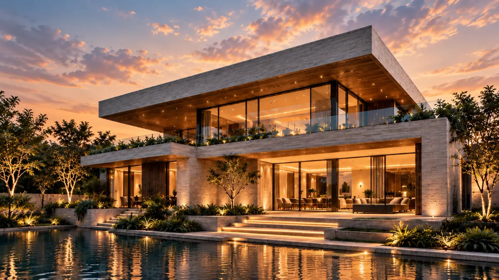 Contemporary two-storey residence with warm interiors, landscaped terraces and a reflecting pool at sunset
