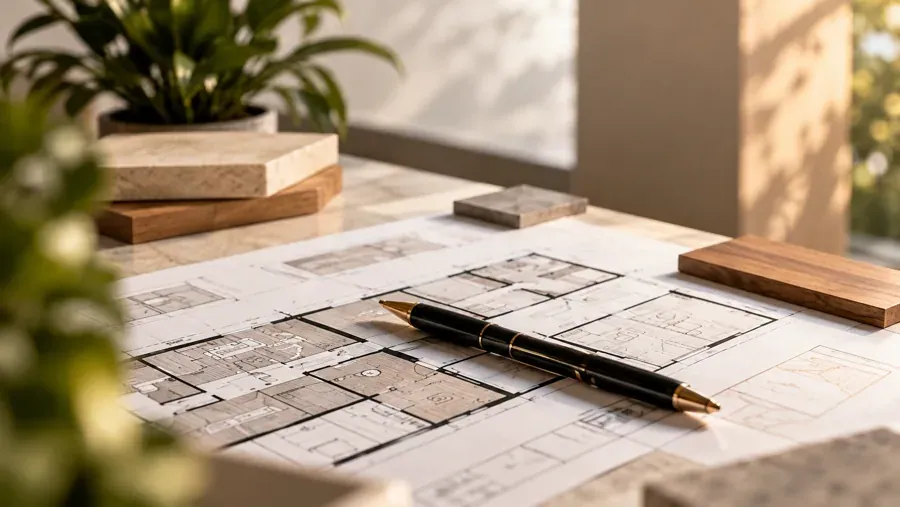Architectural floor plans and material samples on a design desk