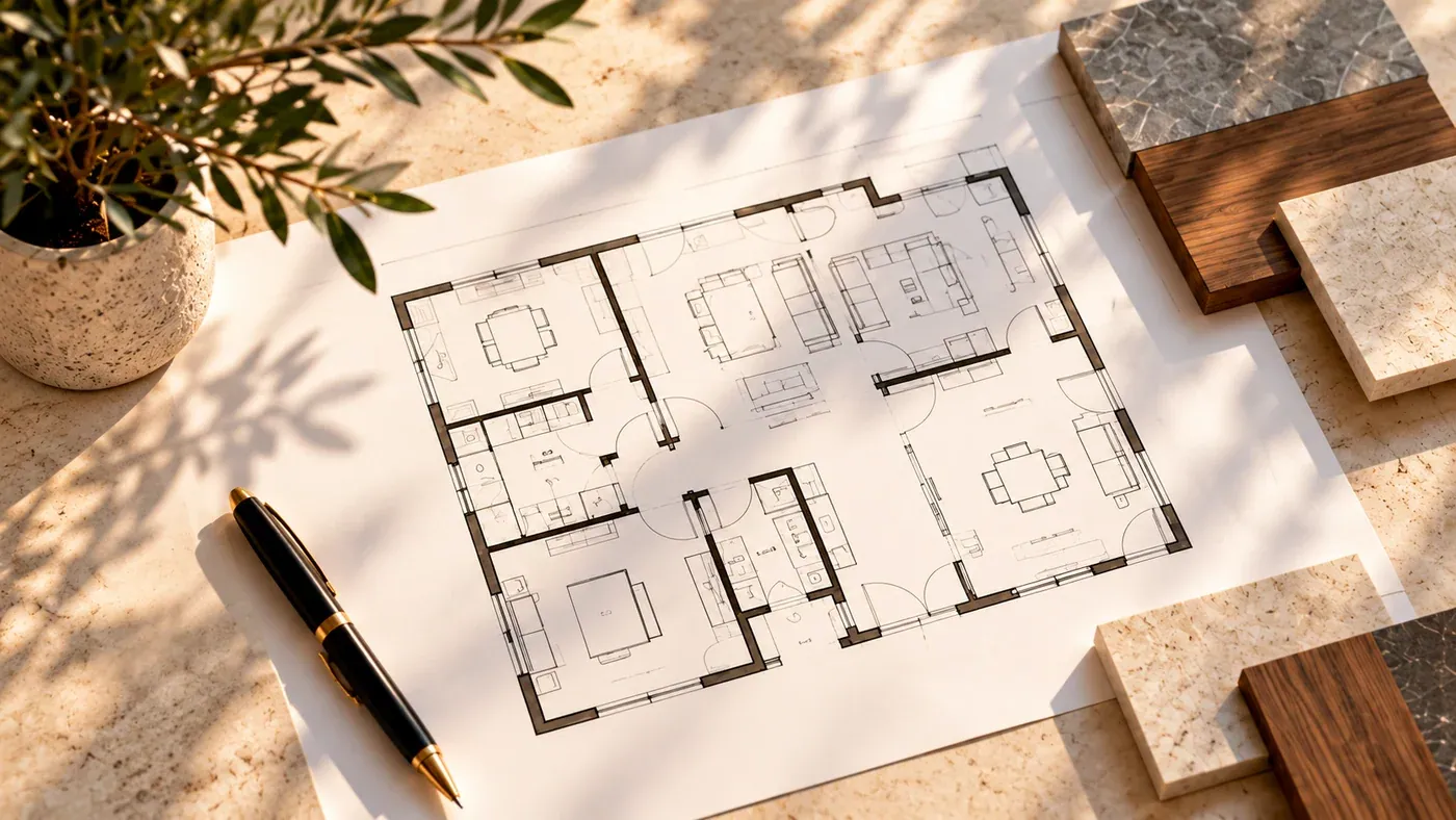 Architectural floor plans with a fountain pen, natural stone and timber samples on a sunlit desk