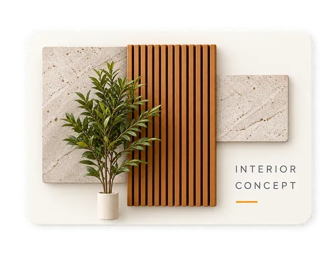 Interior concept with natural stone, timber and greenery
