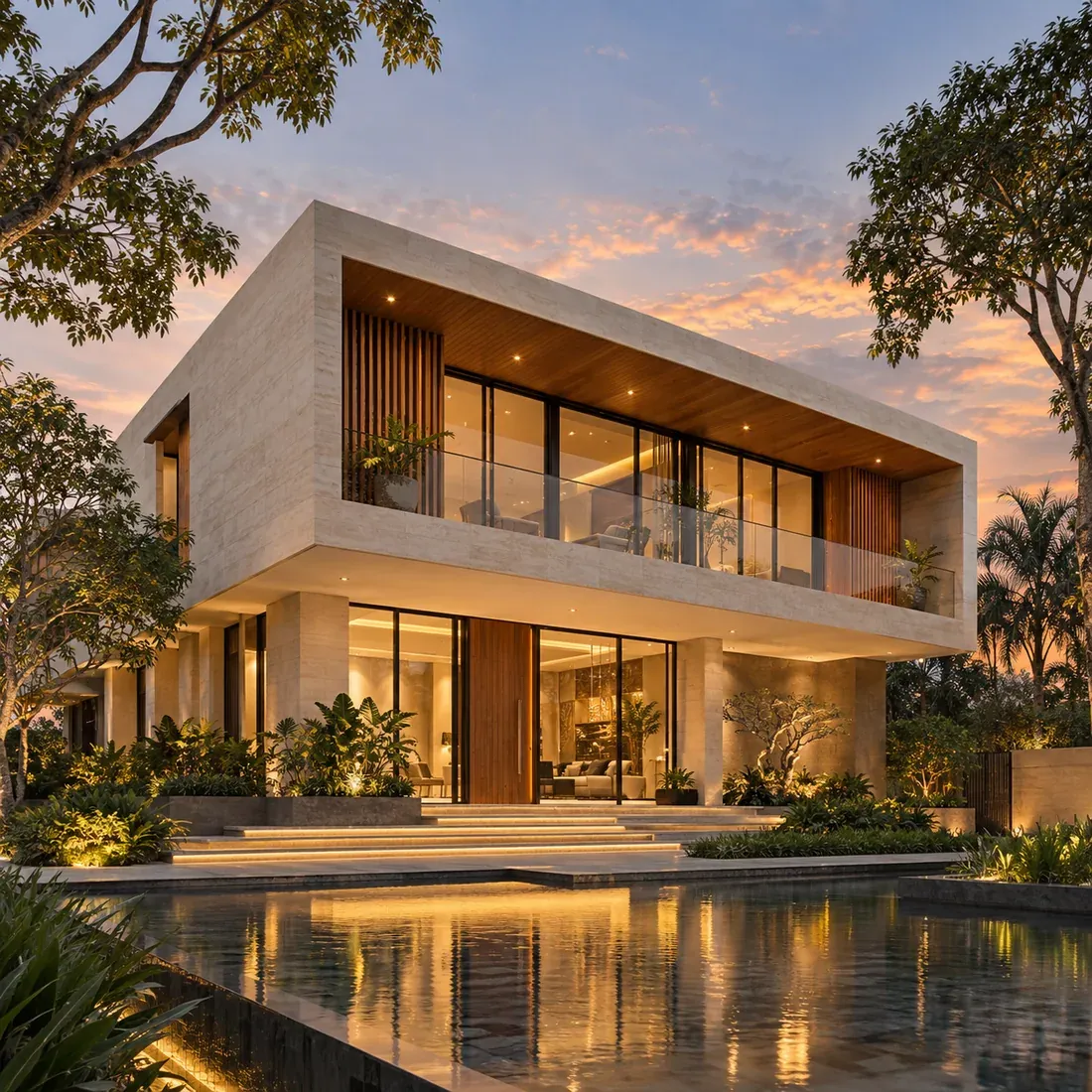 Contemporary limestone and timber residence with warm interiors, landscaped gardens, and a reflecting pool at sunset