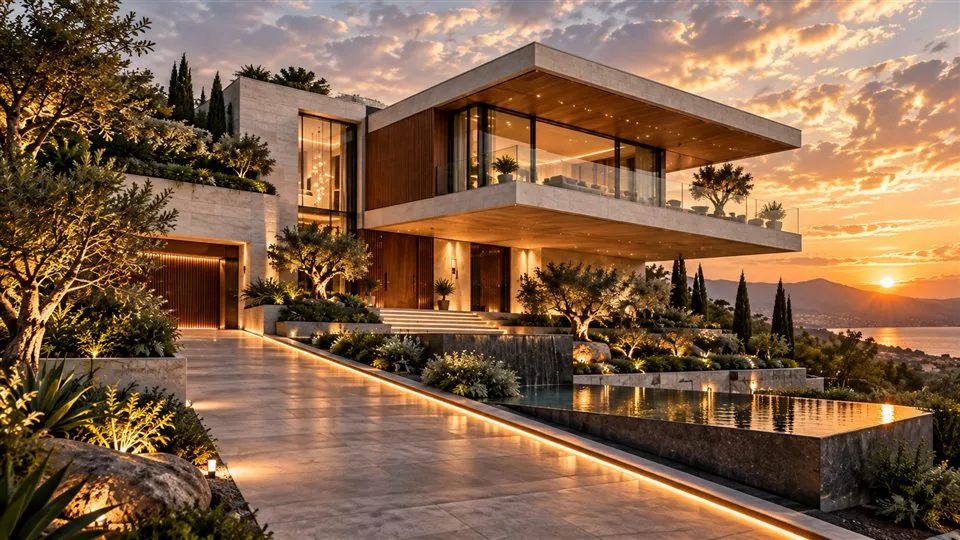 Contemporary hillside residence glowing at sunset