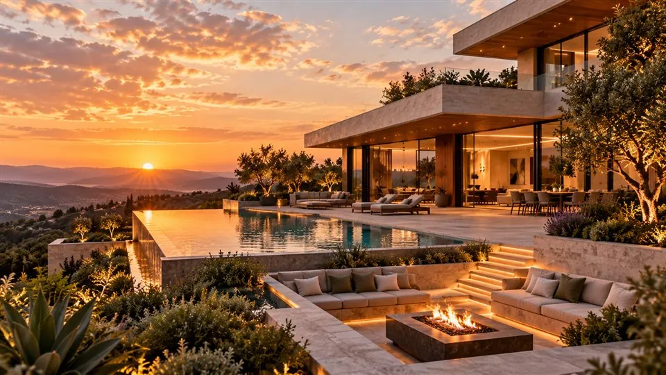 Luxury villa terrace with an infinity pool at sunset