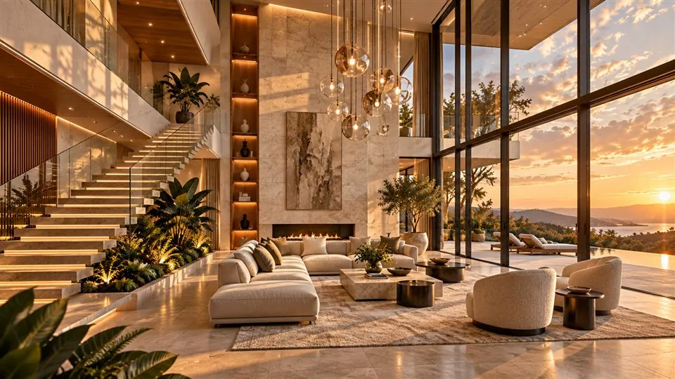 Warm double-height living room with expansive sunset views