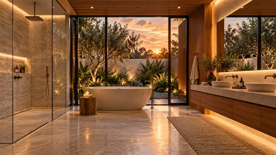Serene spa bathroom opening to a landscaped courtyard