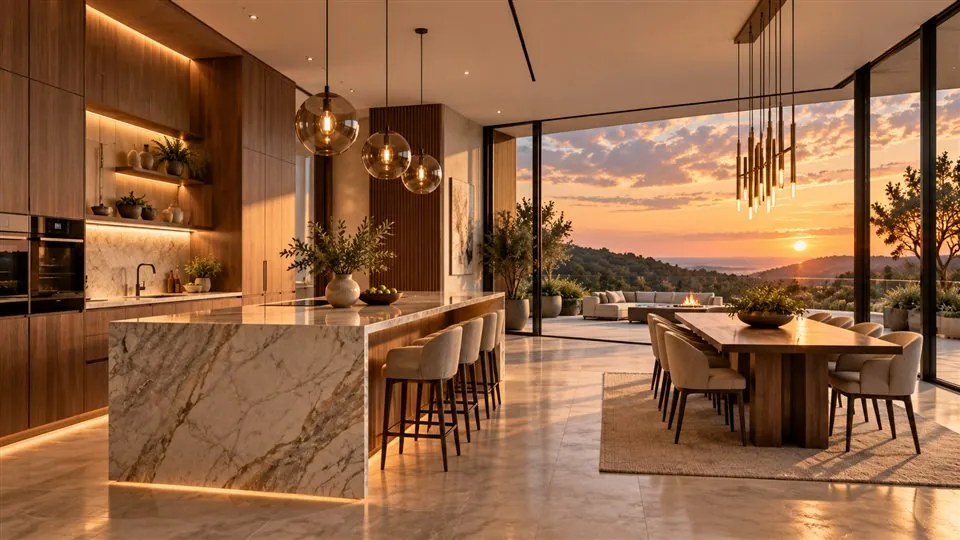 Refined open-plan kitchen and dining room at golden hour