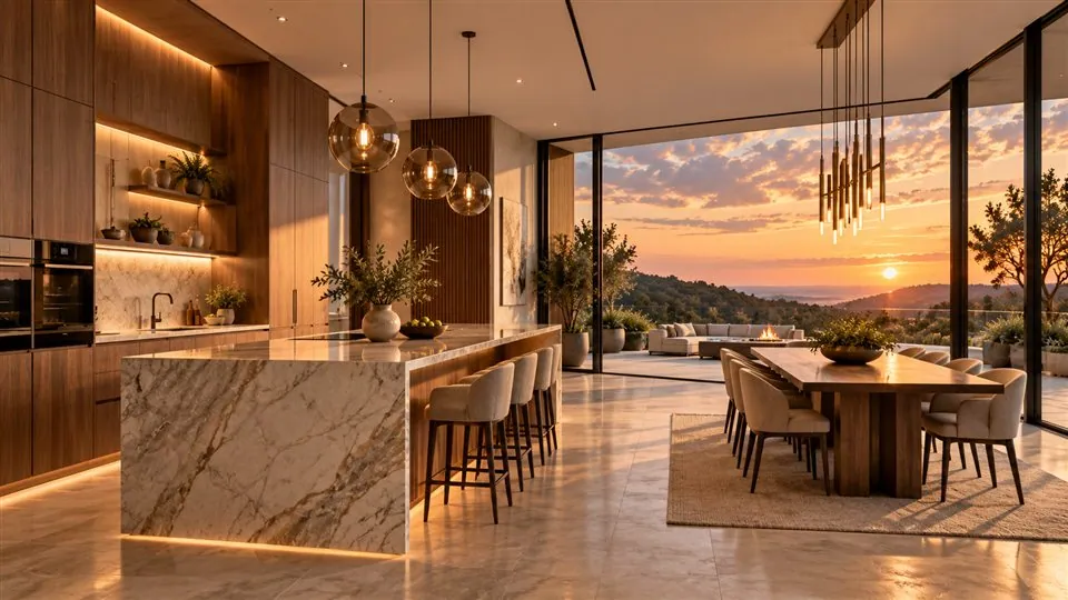 Refined open-plan kitchen and dining room at golden hour