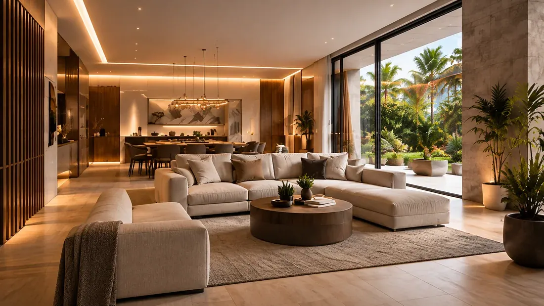 Finished living space with a curved sofa, warm lighting and garden views