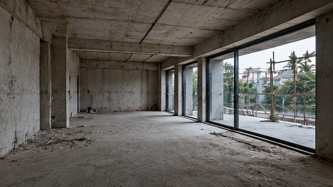 Unfinished concrete interior with exposed ceilings and full-height windows