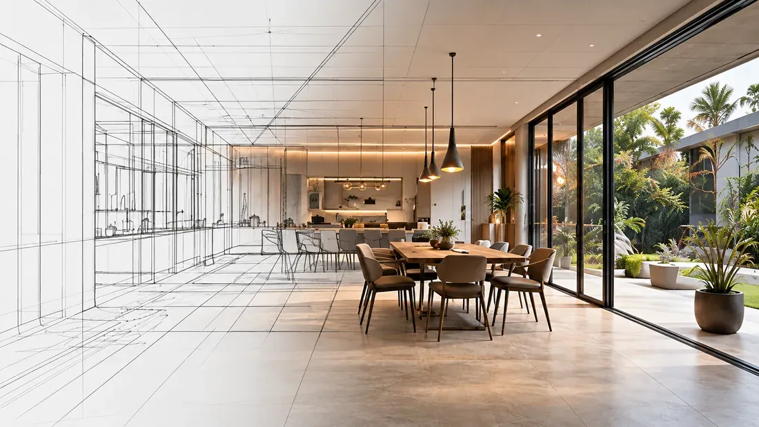 Architectural line drawing transitioning into a furnished interior visualization