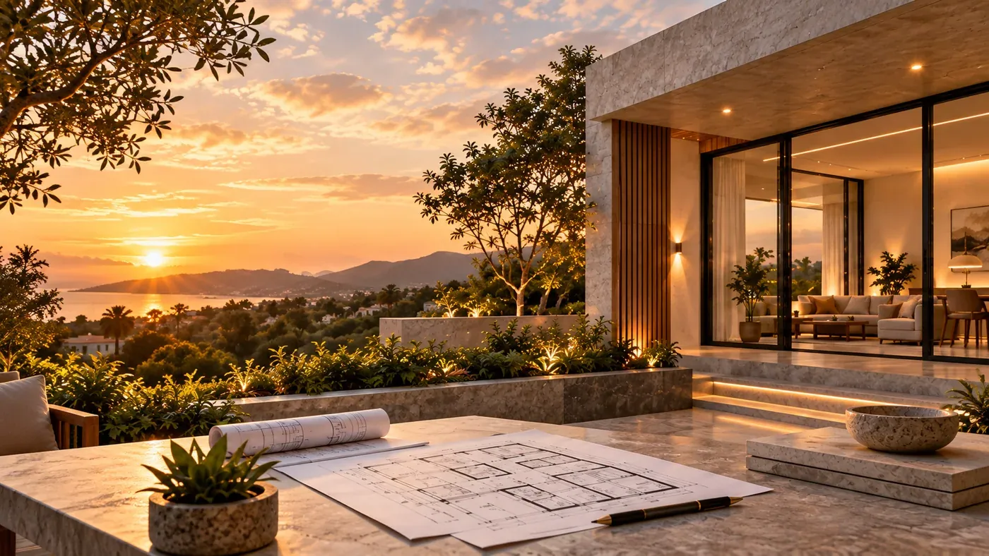 Sunset over a contemporary home with architectural floor plans on a stone table in the foreground