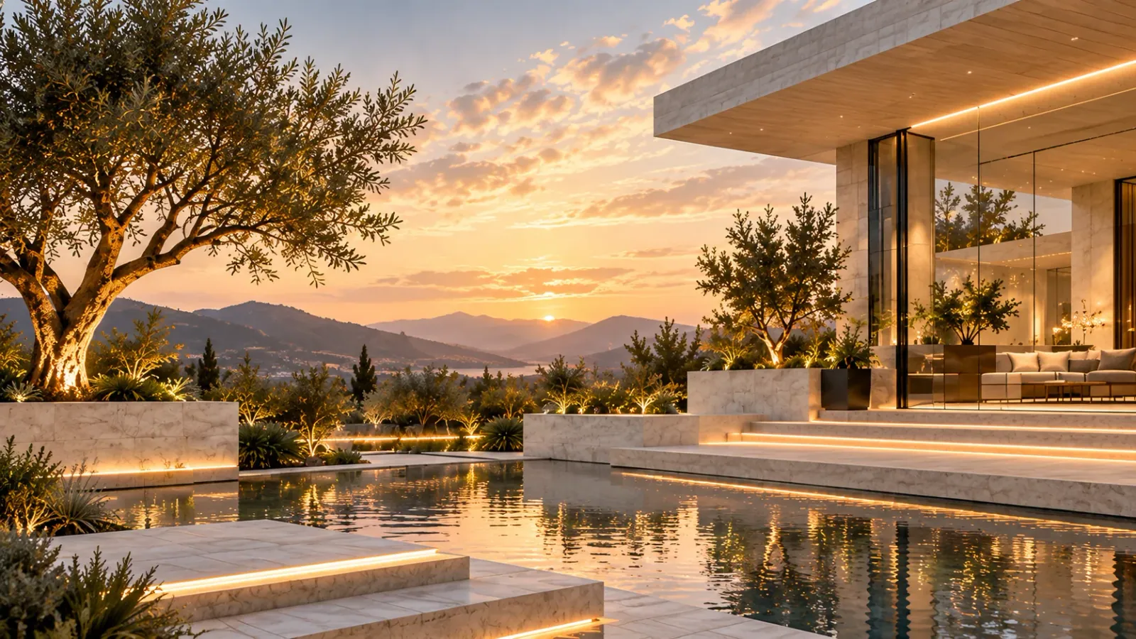 Sunset over a landscaped courtyard, stone steps, and reflecting pool