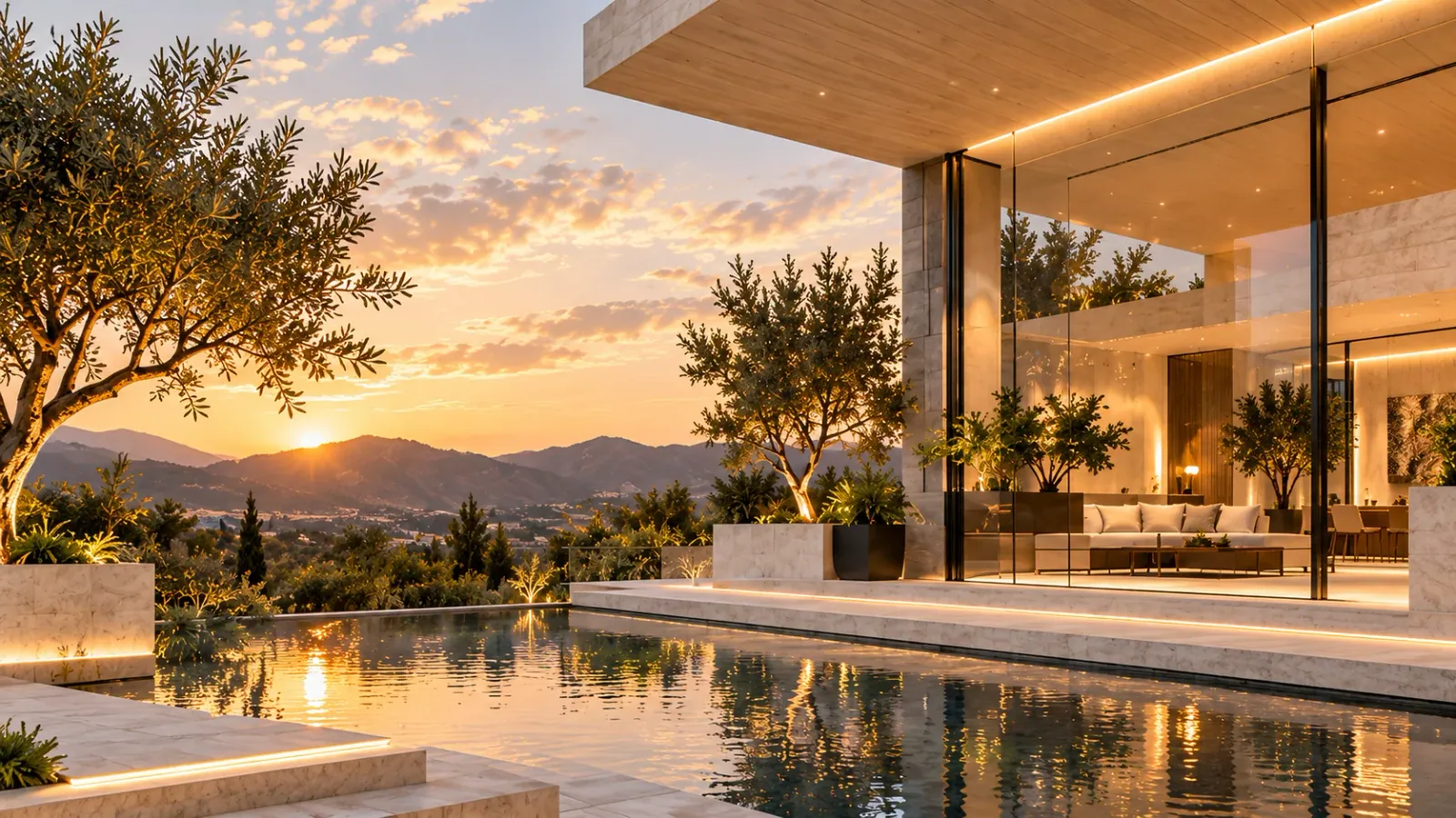 Another view of the residence, with warm glass interiors opening onto the reflecting pool