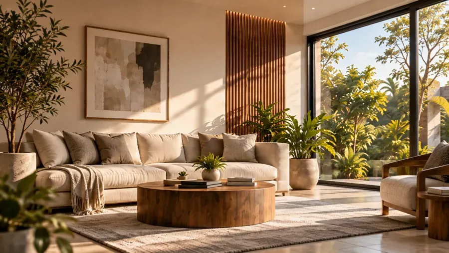Warm contemporary living room with timber details, soft furnishings and garden views